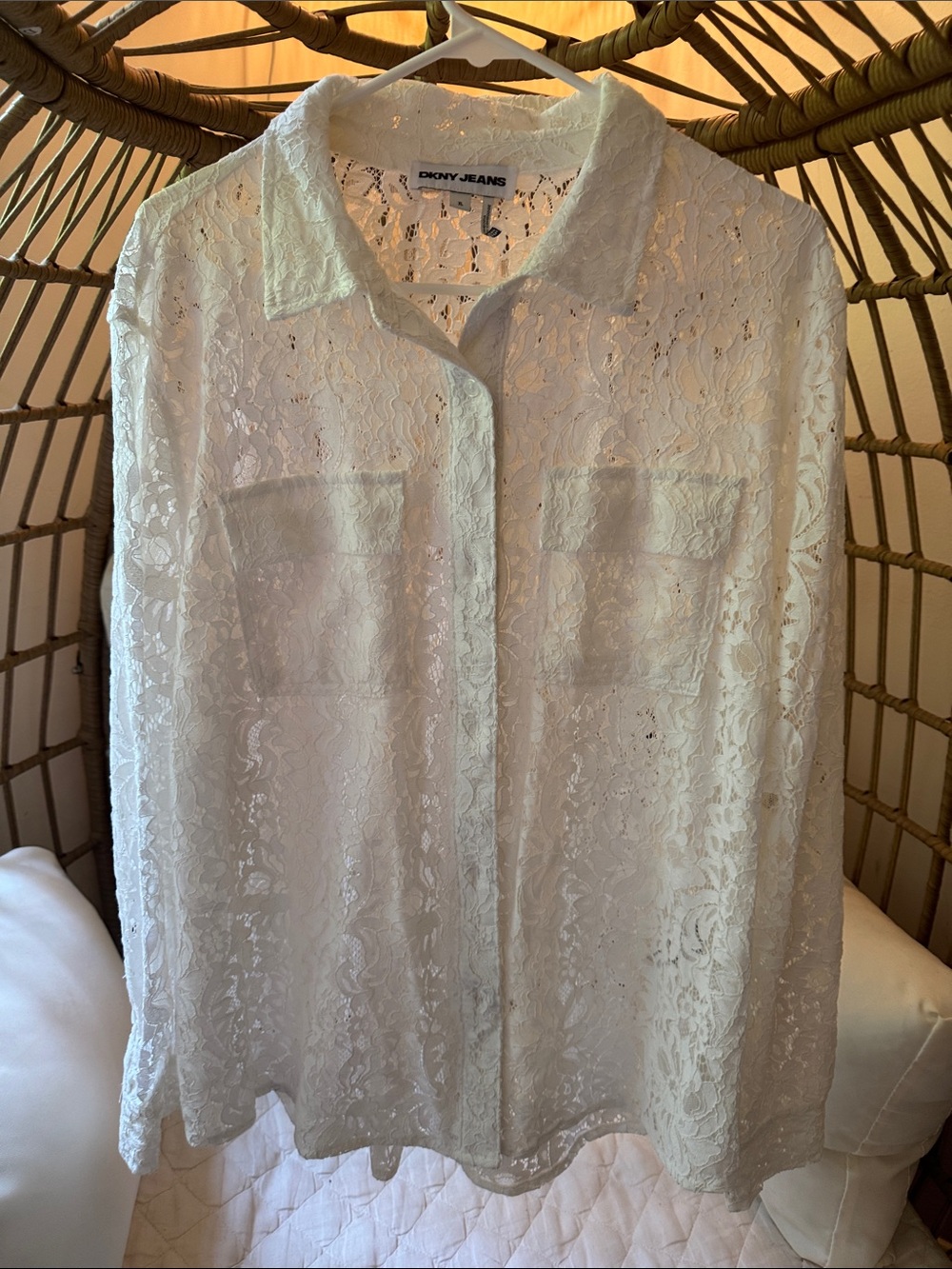 DKNY Sheer White Lace Button-Down Blouse